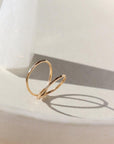 14k gold fill infinity Ring laid on a white plate.