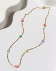 14k Gold Fill necklace featuring six vibrant opals and a textured chain with bar, dot, and dash links.