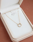 solid gold eternity necklace, smaller version of classic eternity, solid gold necklace, made in the USA, handmade in eau claire, wi, handmade jewelry, timeless jewelry, timeless designs, solid gold necklace, solid gold necklace, classic designs, timeless, elegant, everyday