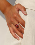 14k gold filled harvest ring on a model in the sun with hand in linen pant pocket