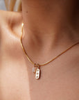 Model wearing 14k gold fill Three Sisters Necklace