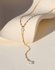 Gold-filled lariat necklace with Herkimer Diamonds and Sunburst chain links. Handmade and radiant for effortless everyday layering.