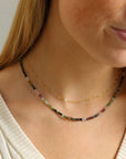 Tourmaline Beaded Necklace — mixed tourmaline beads in soft, earthy tones. Available in 14K gold fill or sterling silver, designed for effortless layering and everyday wear