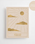 A card with a sun shining along with cloud on the bottom of the card it says "after the rain comes the sun."