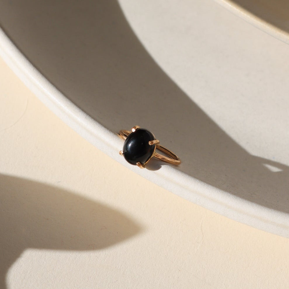 Stella Ring featuring a prong-set Black Agate in a 14k gold fill setting, inspired by the night sky