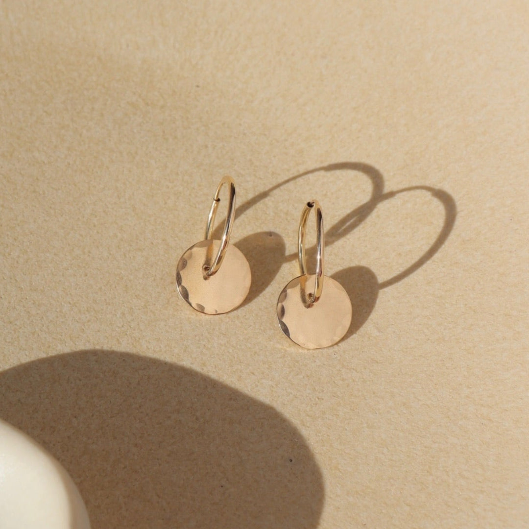 14k gold fill hoops with lightly hammered circle charms