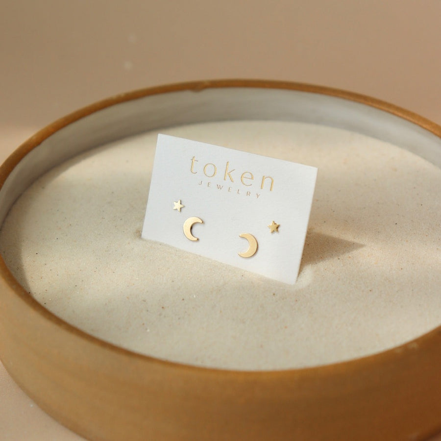 Star and Moon studs set Sterling Silver or 14k Gold Fill. Token Jewelry, handmade, hypoallergenic and waterproof.