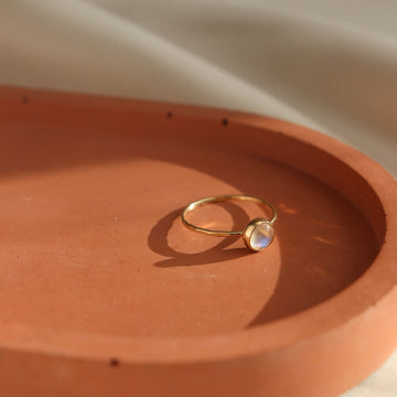 14k gold moonstone ring, gemstone ring, solid gold, heirloom collection, token jewelry, handmade jewelry, made in the the USA, eau claire, Wisconsin