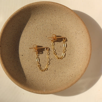 Dainty 14k gold filled chain links in in lace pattern attached to post earring and backing. Chain stud earrings, Modern Earrings handmade by Token Jewelry in Eau Claire, WI