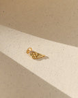 Gold angel wing charm with sparkling crystal details, photographed on a warm neutral surface with soft natural light and shadows.