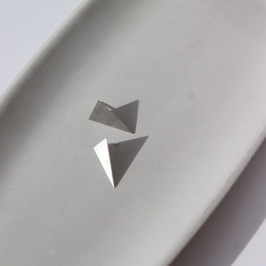 Sterling silver triangle shaped stud earrings ; smooth buffed finish ; handmade jewelry ; made in Eau Claire Wisconsin by token jewelry