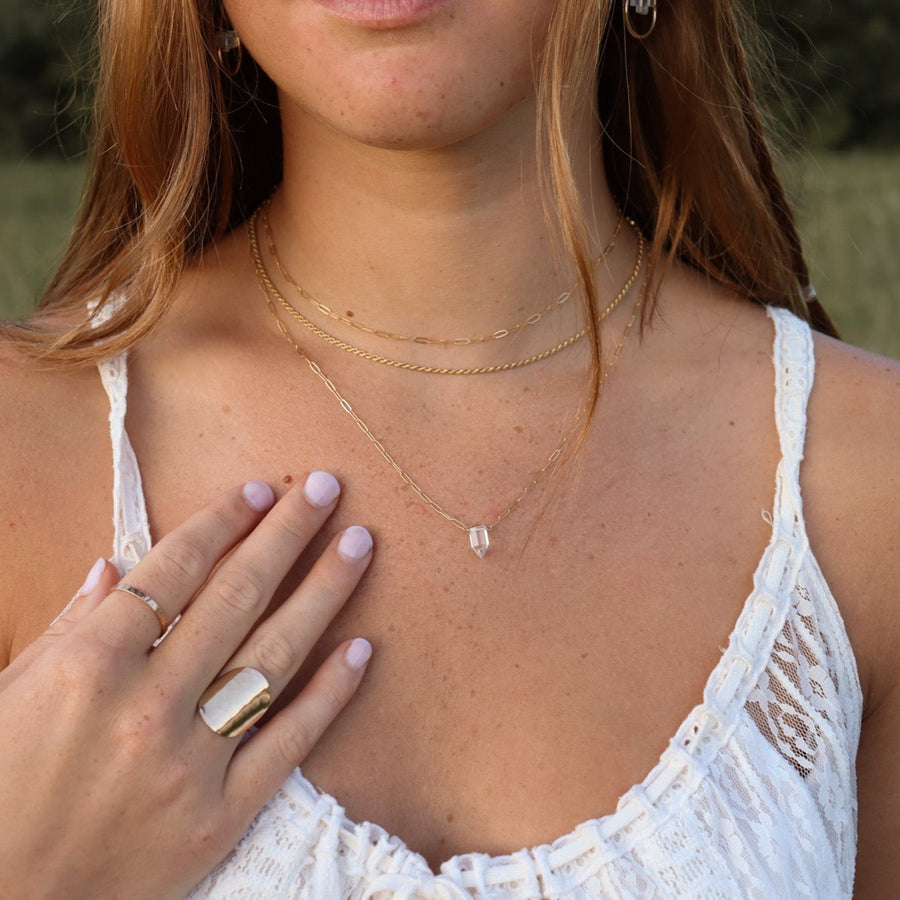 herkimer point necklace, 14k gold filled, sterling silver, eau Claire wi, handmade, clear pointed crystal, chain link necklace