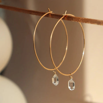 prism herkimer hoops, herkimer hoop earrings, handhamered hoops, gold hoop earrings