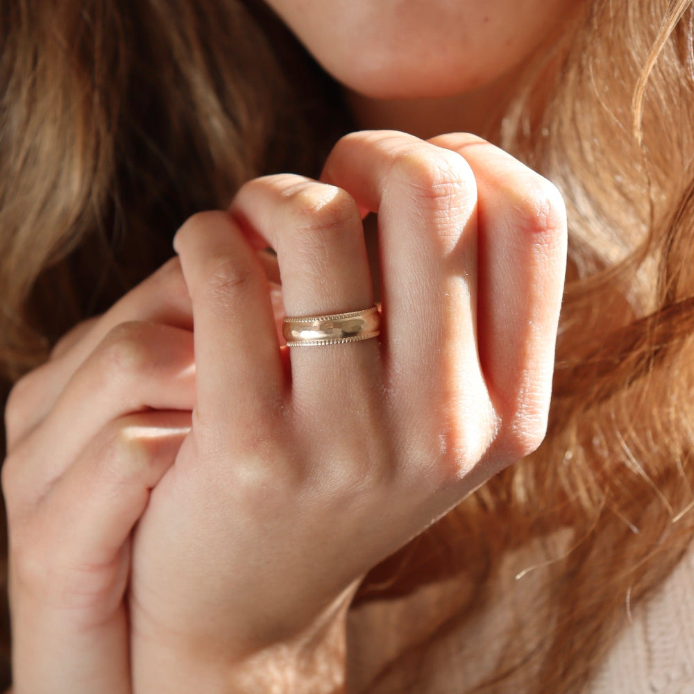 model wearing 14k gold fill textured ring