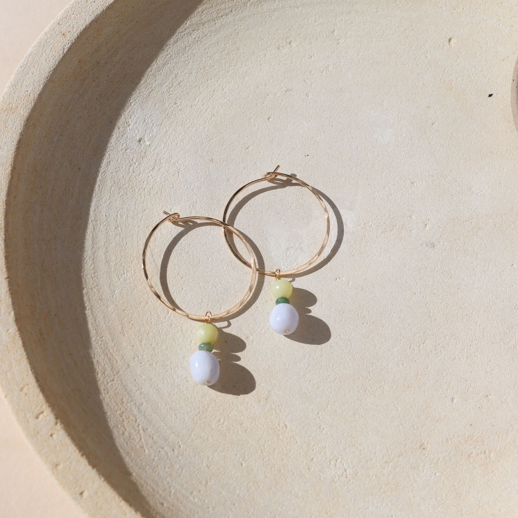 14k gold fill hammered hoop earrings with blue lace agate & lemon jade beads