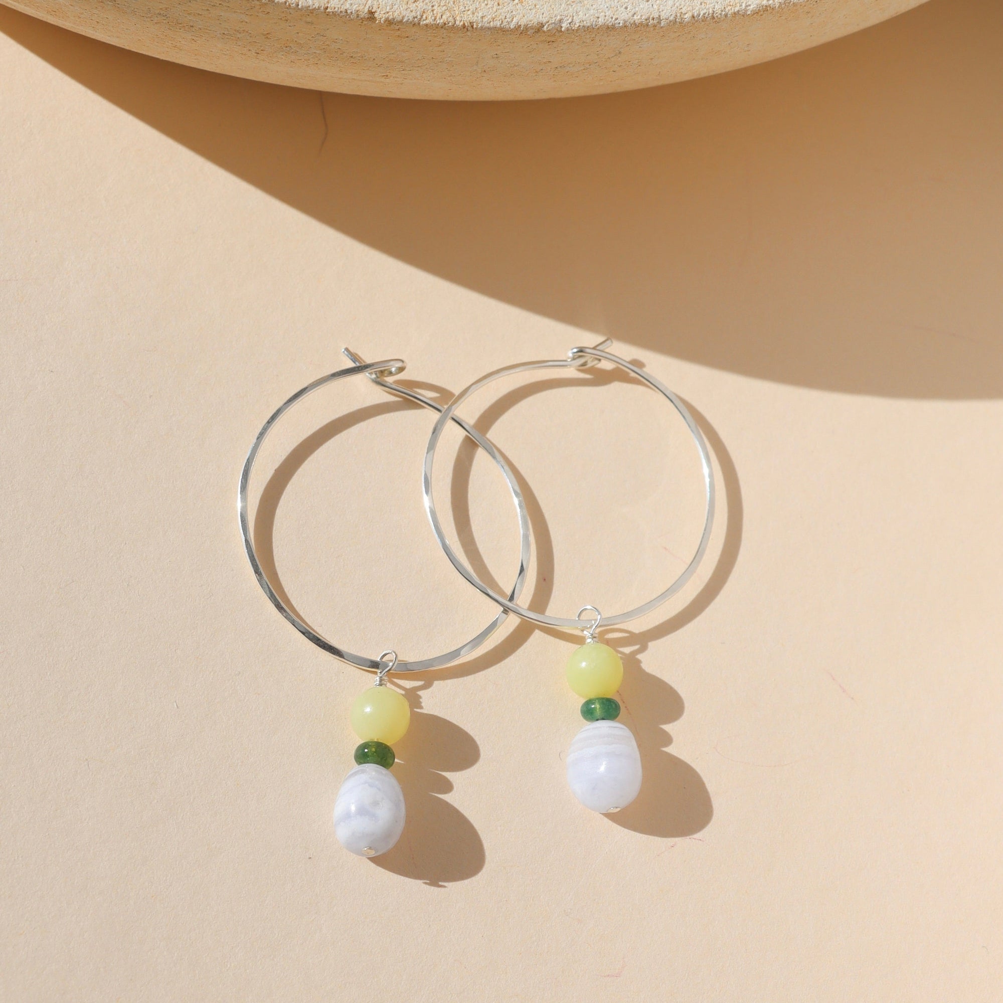 sterling silver hammered hoop earrings with blue lace agate & lemon jade beads