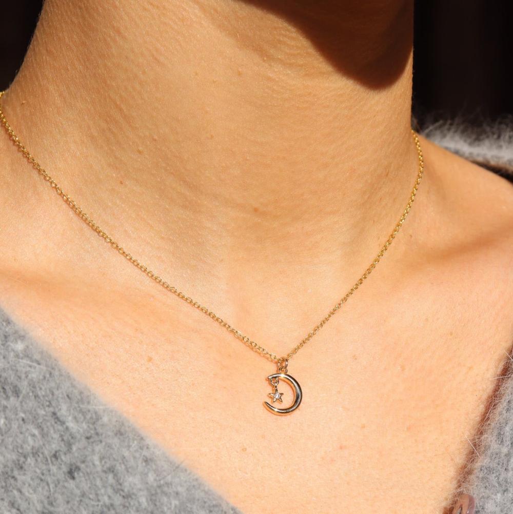 Model wearing Moon W/ Sparkle Charm Necklace 