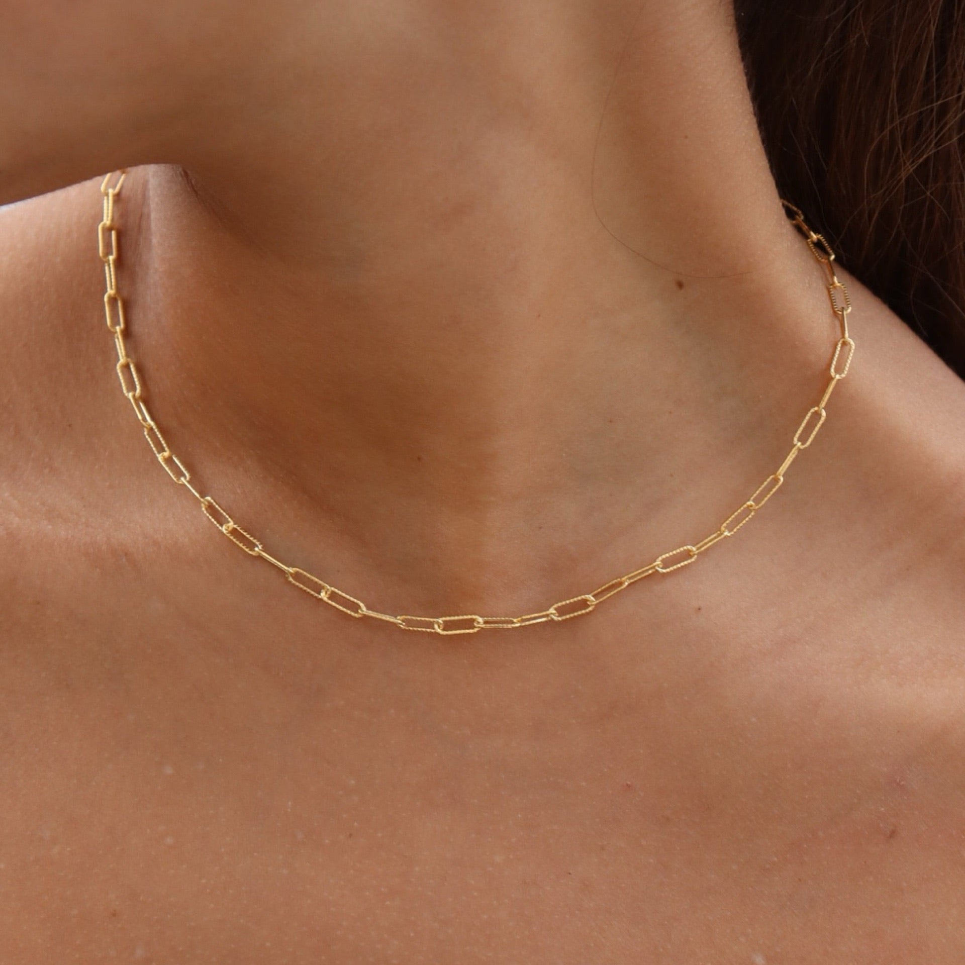 model wearing 14k gold fill textured paperclip chain necklace