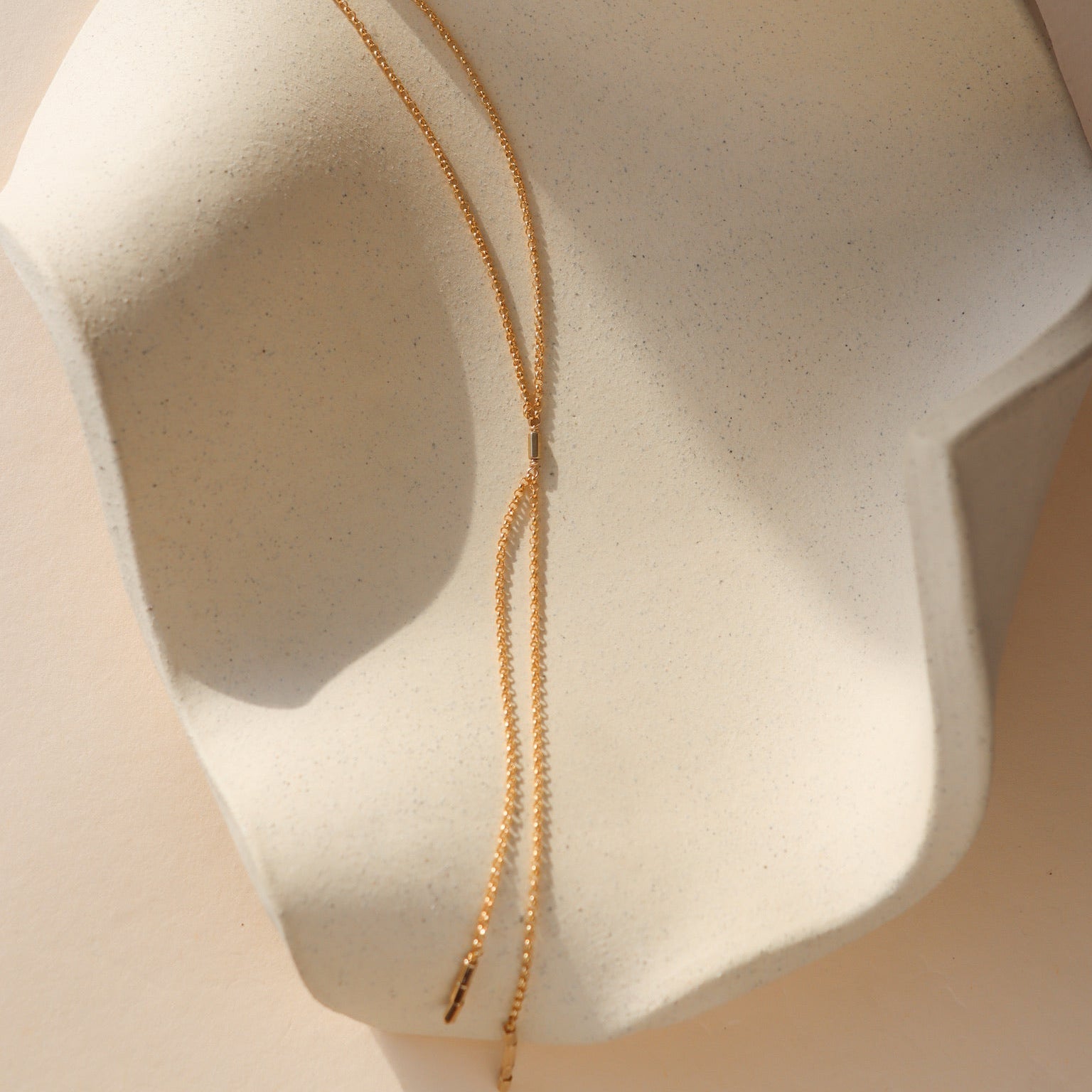 Remy chain lariat necklace in gold with a fine chain and elongated drop accents, styled on a sculptural neutral backdrop.