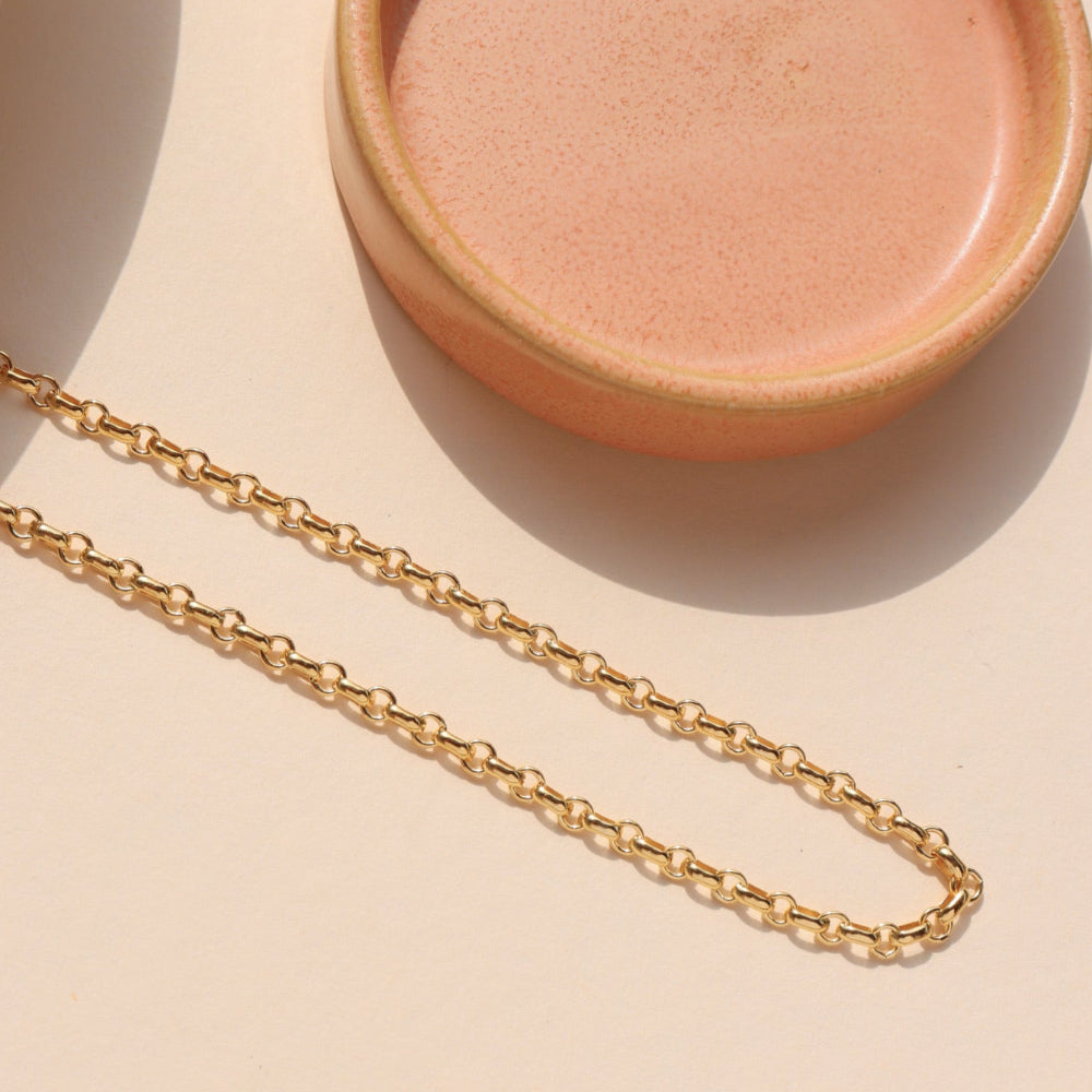 Gold Roen Choker with bold chain links, handcrafted in 14k gold fill; available in 14" and 16" lengths with 1.5" extender.