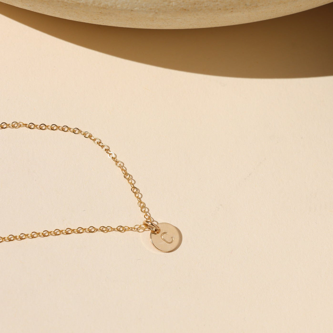 14k gold fill delicate chain necklace with stamped round charm