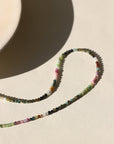 Tourmaline Beaded Necklace — mixed tourmaline beads in soft, earthy tones. Available in 14K gold fill or sterling silver, designed for effortless layering and everyday wear