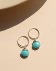 Faceted turquoise gemstone charm for hoop earrings, shown with and without 16mm Goldie Hoops. A versatile Earring Bar add-on.