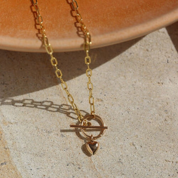 14k gold filled, toggle, toggle necklace, heart charm, toggle necklace with heart charm, chain, chain necklace, handmade, handmade jewelry, handmade piece from token jewelry in Eau Claire, Wisconsin.  Edit alt text