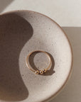 14k gold fill Meridian Fidget Ring placed on a gray plate in the sunlight. This ring features alleviate anxiety or improve focus. Each ring is adorned with 3 gold filled beads that spin and roll so you can play with the ring as needed. - Token Jewelry 