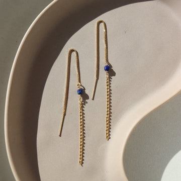 blue and gold threader earrings handmade by Token Jewelry in Eau Claire, Wisconsin