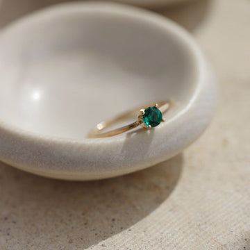 solitaire ring, 14k gold solitaire emerald ring, handmade, green gemstone ring, handmade jewelry, 14k gold jewelry, heirloom collection, everyday jewelry, green, birthstone ring, jewelry box, vegan leather jewelry box, made in eau claire Wisconsin, made in USA, handmade jewelry