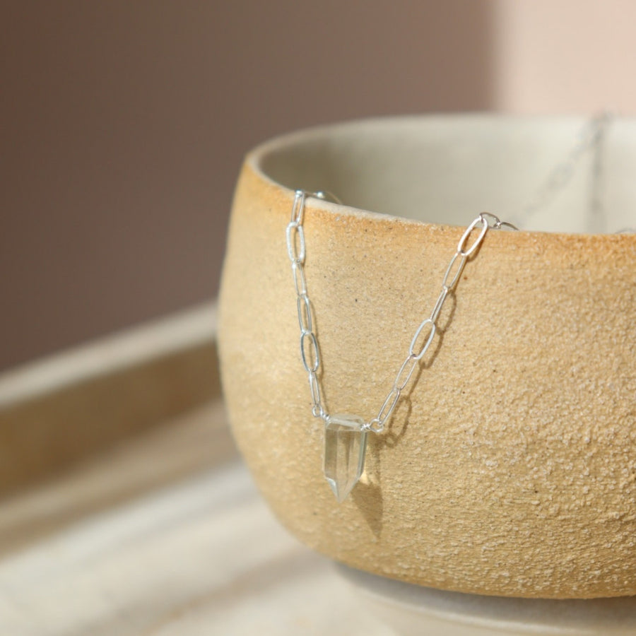 herkimer point necklace, 14k gold filled, sterling silver, eau Claire wi, handmade, clear pointed crystal, chain link necklace