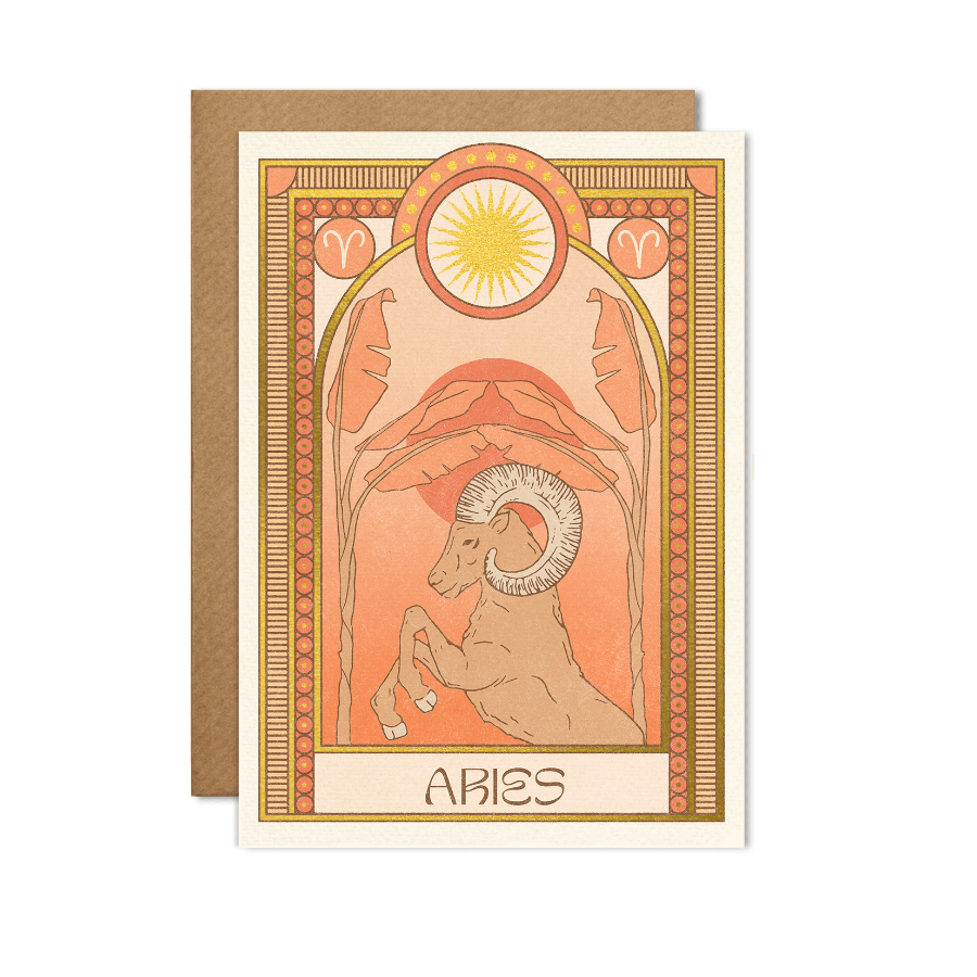 Aries astrological birthday card with ram and sun on the front. Zodiac Birthday Card. By Cai and Jo